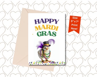 Printable Baby Chick Mardi Gras Card, Mardi Gras Greeting Card, Baby Chick in Mardi Gras Outfit Card