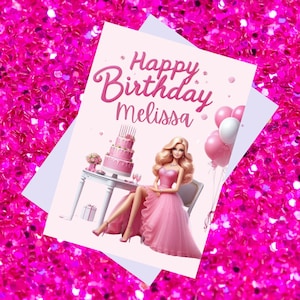 Cartão de felicitações personalizado para impressão de feliz aniversário de boneca da moda Cartão de aniversário rosa para meninas Boneca da moda em cartão Cartão de felicitações exclusivo
