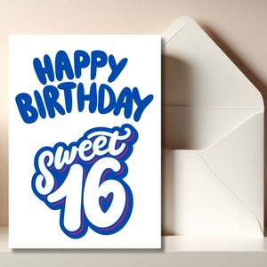 Afdrukbare wenskaart Sweet 16 Celebration voor zestiende verjaardag 16e verjaardag Sweet Sixteen, afdrukbare verjaardagskaart mijlpaalkaart