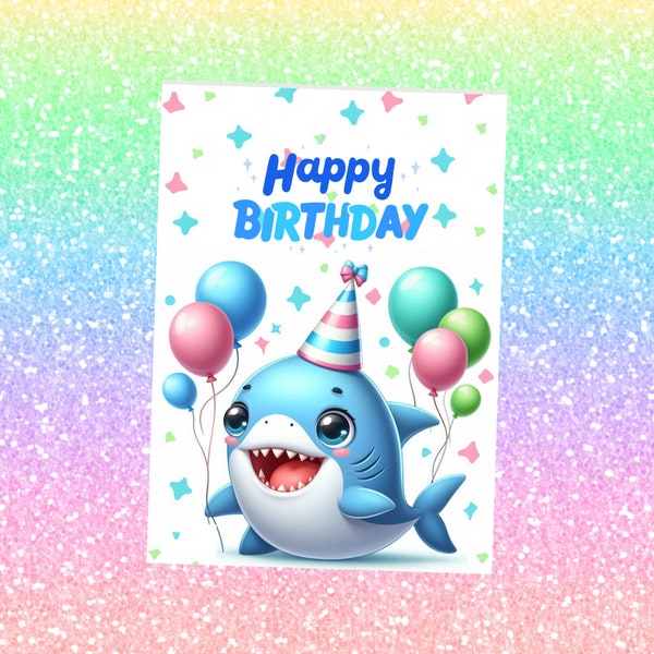 Shark Printable Birthday Card Shark Baby Birthday Card, Printable  Card Happy Birthday Childrens Card Baby Blue Shark Birthday Card