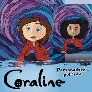 Retrato personalizado de Coraline, retrato al estilo de Tim Burton, Coraline PNG SVG, retrato de terror, regalos de Coraline, productos de Coraline, fan de Coraline