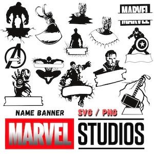 Svg de Marvel, banner con nombre svg, archivos de corte para cricut, svg de Avengers, banner con nombre de superhéroe svg, svg con nombre de Iron Man, svg con nombre de Spider Man