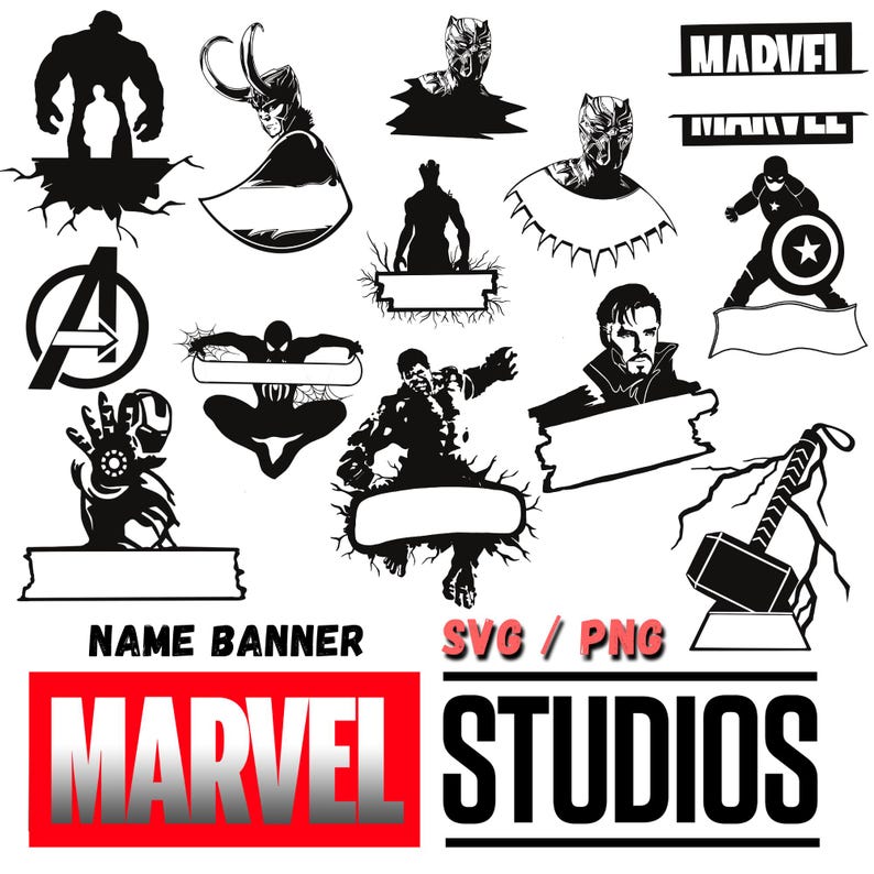 Puede incluir: Im&aacute;genes en silueta en blanco y negro de personajes de Marvel, incluyendo Iron Man, Hulk, Thor, Black Panther, Spider-Man y Doctor Strange. Las im&aacute;genes est&aacute;n sobre un fondo blanco con el texto "NAME BANNER" y "SVG/PNG" debajo de las im&aacute;genes. El texto "MARVEL STUDIOS" est&aacute; en la parte inferior de la imagen.