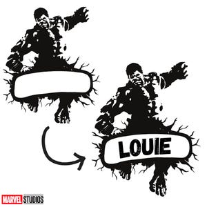 Puede incluir: Ilustraci&oacute;n en blanco y negro de Hulk rompiendo una pared con el nombre "LOUIE" escrito en una pancarta.