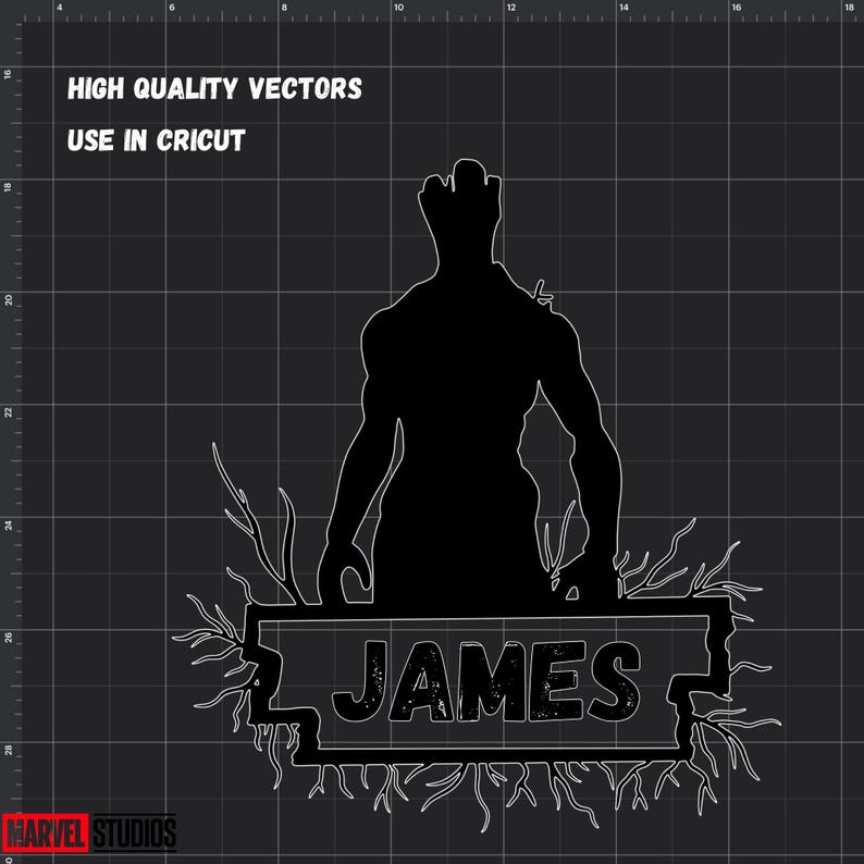 Puede incluir: Silueta negra de un personaje de la pel&iacute;cula Guardianes de la Galaxia con el nombre "JAMES" escrito en una pancarta debajo. El personaje est&aacute; de pie sobre un lecho de ra&iacute;ces.