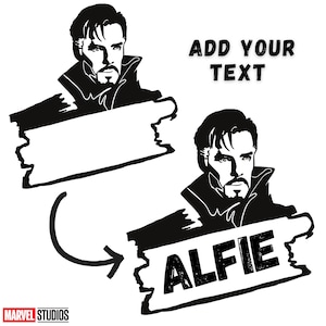 Puede incluir: Ilustraci&oacute;n en blanco y negro de Doctor Strange de Marvel Comics. La imagen es una plantilla para un dise&ntilde;o personalizado. El texto "ADD YOUR TEXT" se muestra encima de la imagen. La imagen muestra una pancarta en blanco con una flecha que apunta a una pancarta con el texto "ALFIE" en ella.
