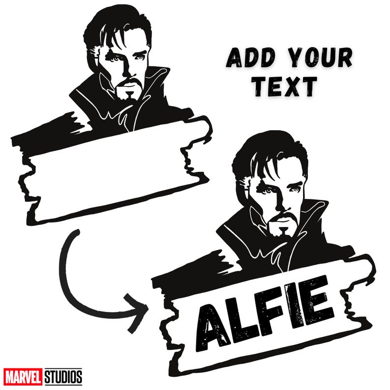 Puede incluir: Ilustraci&oacute;n en blanco y negro de Doctor Strange de Marvel Comics. La imagen es una plantilla para un dise&ntilde;o personalizado. El texto "ADD YOUR TEXT" se muestra encima de la imagen. La imagen muestra una pancarta en blanco con una flecha que apunta a una pancarta con el texto "ALFIE" en ella.