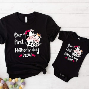 Our First Mother's Day 2024 Shirt, Cute Mommy And Mini Cow Tees, 1st Mother Day Gift, New Mama Life T-shirt, Mother And Baby Daughter Shirt