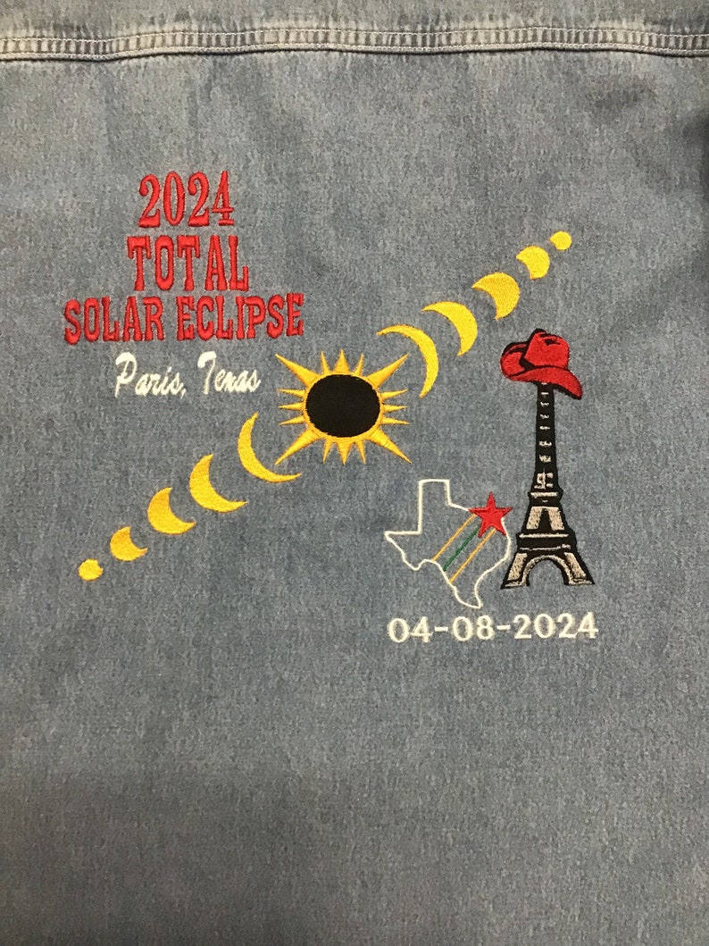 2024 Solar Eclipse, Paris, TX, Custom Design, Embroidered, Denim Shirt