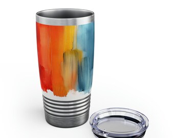 May include: Stainless steel travel tumbler with a colorful abstract design. The tumbler features a vibrant pattern of vertical brushstrokes in shades of red, orange, yellow, and blue. The lid is clear, and the tumbler is approximately 7 inches tall.