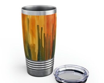 May include: Stainless steel travel tumbler with a watercolor design in shades of orange, yellow, and green. The tumbler has a silver rim and base, and a clear lid is placed next to it. The design resembles vertical brushstrokes.