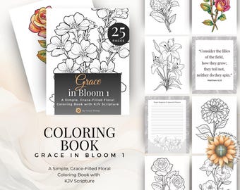 Kristen blommig målarbok för kvinnor | Grace in Bloom 1 | KJV Skrift (digital nedladdning)