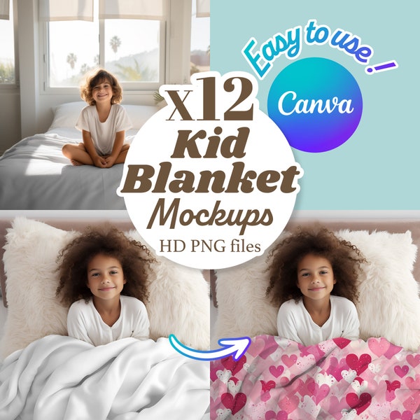 12 Kid Blanket Mockups, Easy-to-use, Canva Mockups, Drag & Drop, Canva png, Image listing Mockup, Print-on-demand Mockup, Printify Mockups