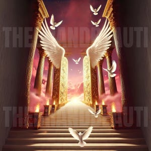 4- Gold Heaven Gate Column Memorial Background, PNG, Funeral Program, Clouds, Gold Theme