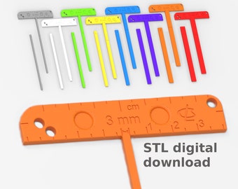 May include: A set of 10 colorful T-shaped rulers with a 3 mm scale and a protractor. The rulers are made of plastic and are available in a variety of colors, including gray, white, green, yellow, blue, purple, orange, and red. The rulers are designed for use in crafting, drawing, and other projects. STL digital download.