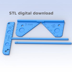 Puede incluir: Un modelo de herramienta de carpintería imprimible en 3D de plástico azul con una regla, un transportador y un ángulo de 45 grados. El texto "STL digital download" está en la parte superior de la imagen.