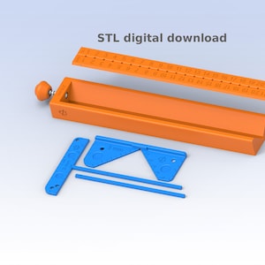 Könnte beinhalten: Ein 3D-gedrucktes Modell eines Lineal- und Geodreieck-Sets. Das Set enthält ein Lineal mit Markierungen von 1 bis 21, ein Geodreieck und zwei Lineale. Das Modell ist in orange und blauem Kunststoff gedruckt.