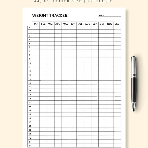 365 Day Weight Tracker Printable | Weight Loss Tracker | Weight Log | Daily Weight Journal | A4/A5/Letter Size | Digital Download