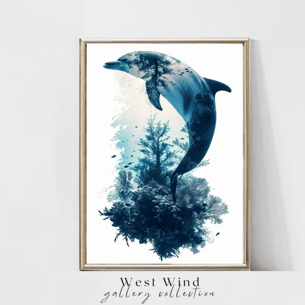 Dramatic Dolphin Dive: Realistic Digital Print Depicting a Symbol of Freedom and Adventure