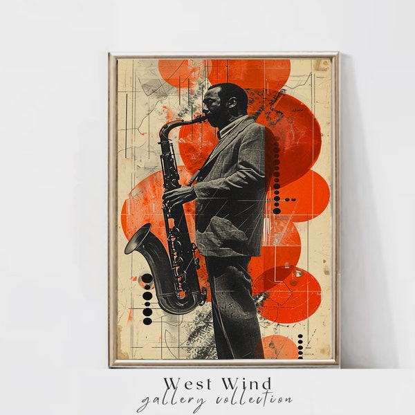 Bold and Vibrant, Cubist Jazz Musician Playing Saxophone , Digital Print