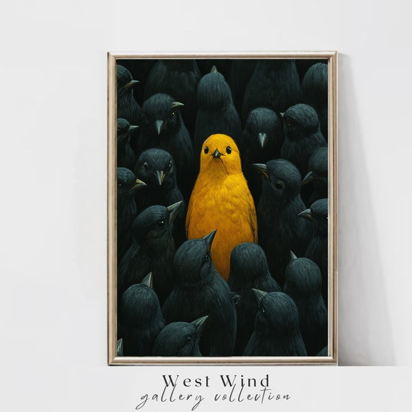 Yellow Bird Amongst Black Birds: A Hyper-realistic Exploration of Individuality and Conformity, Digital Print