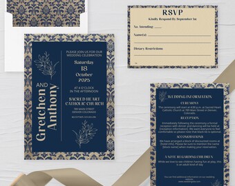 Blue and Gold Printable Wedding Invitation Template Wedding Invitation Kit Wedding Invitation Suite