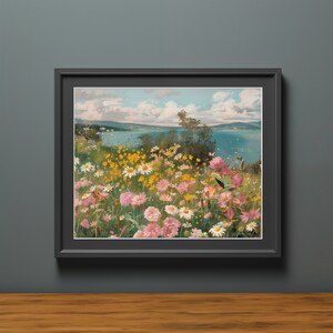 Utskrivbar vildblommande fält med fjärilar landskapsoljemålning, vintage landskapskonsttryck, digital nedladdning av vårblommig väggkonst