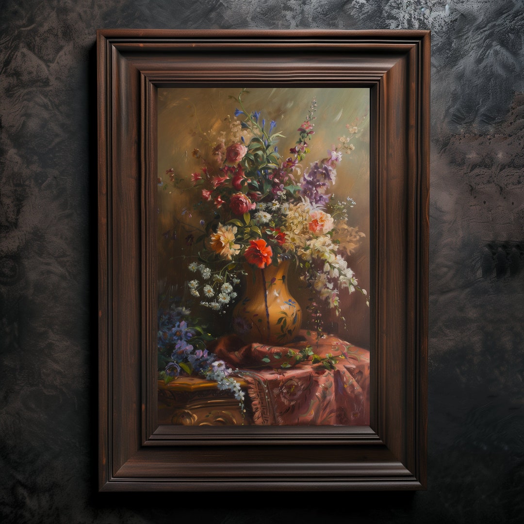 Printable Vintage Wildflower Bouquet Vase Oil Painting, Floral Wall Art ...