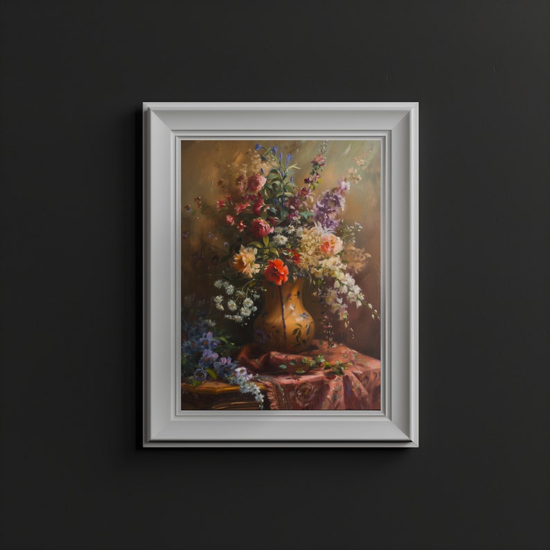 Printable Vintage Wildflower Bouquet Vase Oil Painting, Floral Wall Art ...