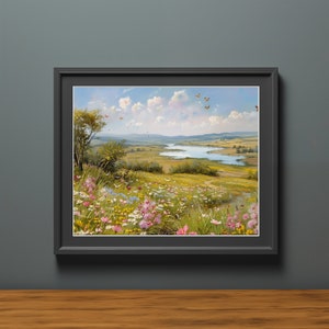Utskrivbar vildblommande fält med fjärilar v2 landskapsoljemålning, vintage landskapskonsttryck, digital nedladdning av vårblommig väggkonst