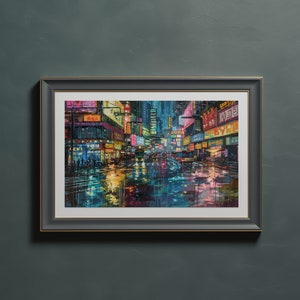 Printable Rainy Cityscape Landscape Oil Painting, Vibrant Colored Landscape Art Print, City Nightlife Wall Art Digital Download
