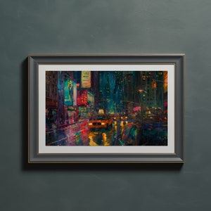 Printable Rainy New York Landscape Oil Painting, Vibrant Colored Landscape Art Print, City Nightlife Wall Art Digital Download