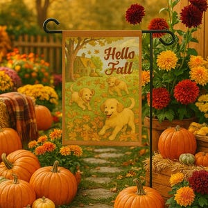 Golden Retriever Hello Fall Garden Flag Cottagecore Autumn Puppy Yard Decor, Seasonal Outdoor Flag Double Sided