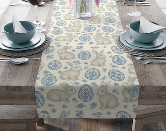 Blue Bunny Easter Table Runner Farmhouse Spring Table Decor Neutral Rabbit Linen