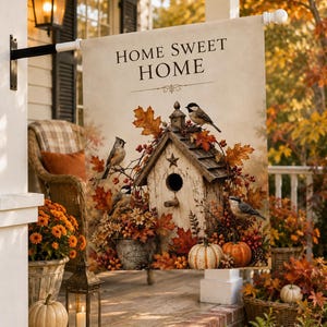 Op de afbeelding: Een rechthoekige tuinvlag met de tekst HOME SWEET HOME in zwarte letters. Het ontwerp toont een houten vogelhuisje omringd door herfstbladeren, rode bessen en kleine vogels, met twee pompoenen aan de voet van het vogelhuisje.