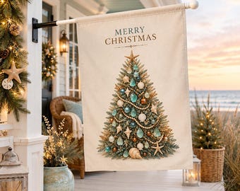 Coastal Christmas Garden Flag Merry Christmas Beach House Porch Sea Glass Christmas Tree Flag Coastal Holiday Decor Nautical Beach Decor