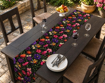 Tropische Bloemen Tafelloper Zwart Kleurrijke Botanische Tafeldecor Outdoor Patio Dineren Runner Zomertuinfeest Tafellinnen