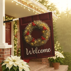 Bandeira de jardim com guirlanda de Natal em formato de cardeal, decoração de jardim com pássaros vermelhos e luzes brancas, impressão frente e verso