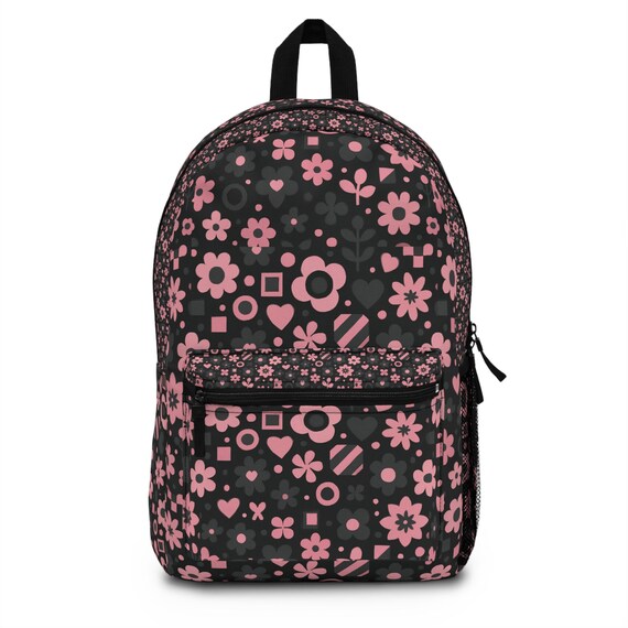 Pink and Black Floral Backpack for Teen Girls, Aesthetic 