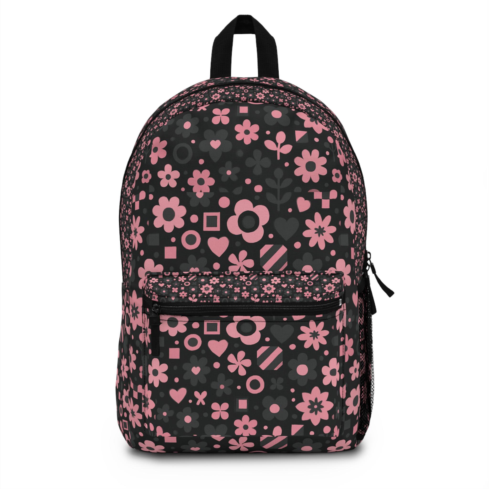 Pink and Black Floral Backpack for Teen Girls, Aesthetic  display picture 1