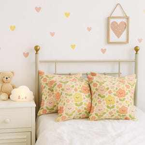 Kawaii Happy Flowers Throw Pillow: Pastel Nursery, Kids Bedroom Decor