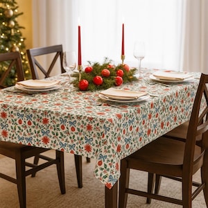 Grandmillennial Christmas Tablecloth Vintage-Inspired Holiday Decor with Bows, Poinsettias & Holly