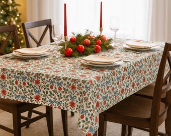 Grandmillennial Christmas Tablecloth Vintage-Inspired Holiday Decor with Bows, Poinsettias & Holly