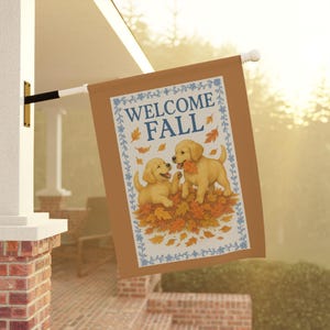 Golden Retriever Puppies Fall Garden Flag Welcome Fall Dog Yard Decor Grandmillennial Autumn Outdoor Flag for Porch or Garden