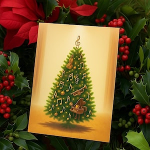 Pacote de cartões postais musicais de árvore de Natal, mensagem pré-impressa, cartão de Natal para amantes da música, saudação sazonal, instrumentos musicais, 10, 30 ou 50
