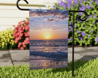 Beach Life Garden Banner: Sunset Ocean Scene