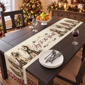 Primitive Angel Christmas Table Runner, Joy to the World, Farmhouse Holiday Dining Table Decor, Heirloom Christmas