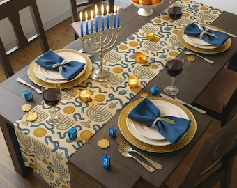 table runner 亀甲取り花丸　帯リメイク　長尺250㎝ Hanukkah Table Runner: Menorah & Dreidel Design, Jewish Holiday