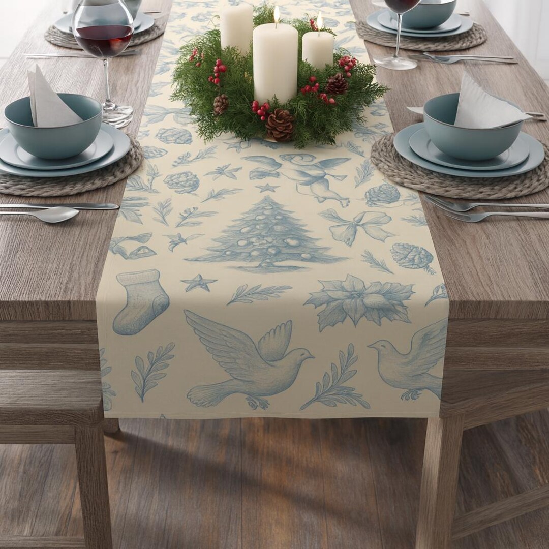 French Country Christmas Table Runner Blue Toile Holiday Dining Decor ...