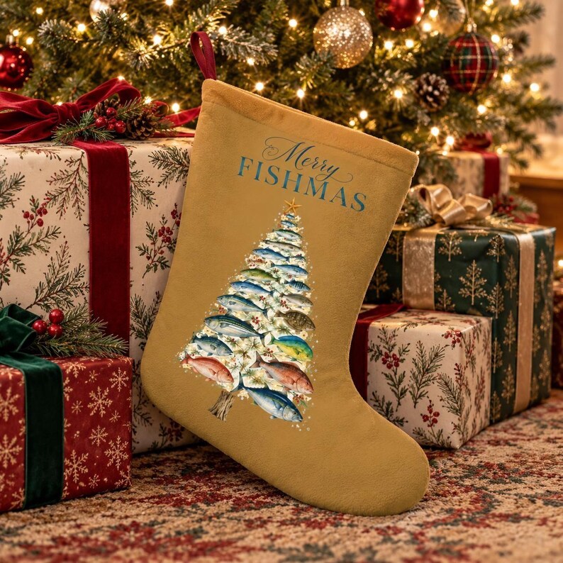 Merry Fishmas Christmas Stocking, Saltwater Fish Tree Design, Golden ...